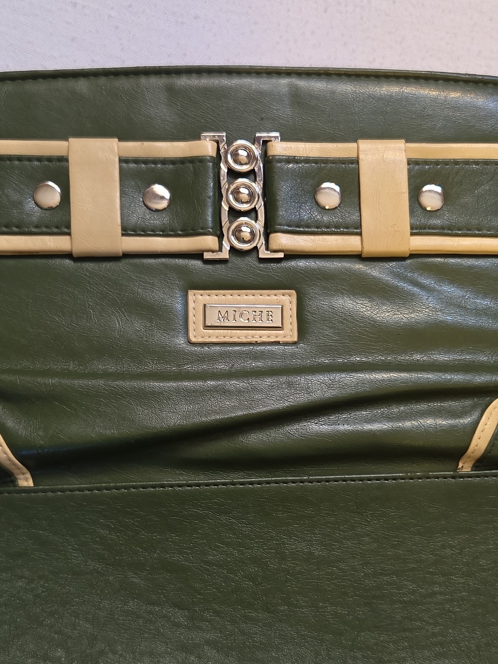 Miche Classic Bag Green Beige Magnetic Shell Silver Studded Logo